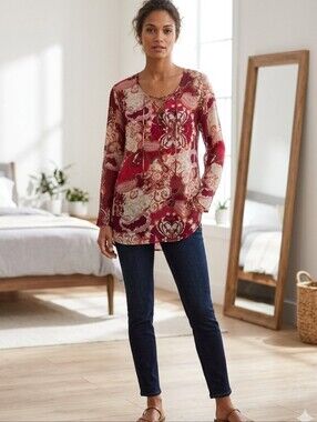 Silk Rose & Burgundy Paisley  Limited Lace-Up Sheer Top. Luxurious, Classic